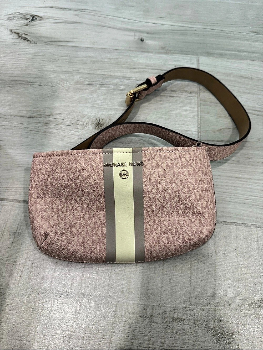Michael Kors MK Logo Center Stripe Belt Bag Pink & Brown